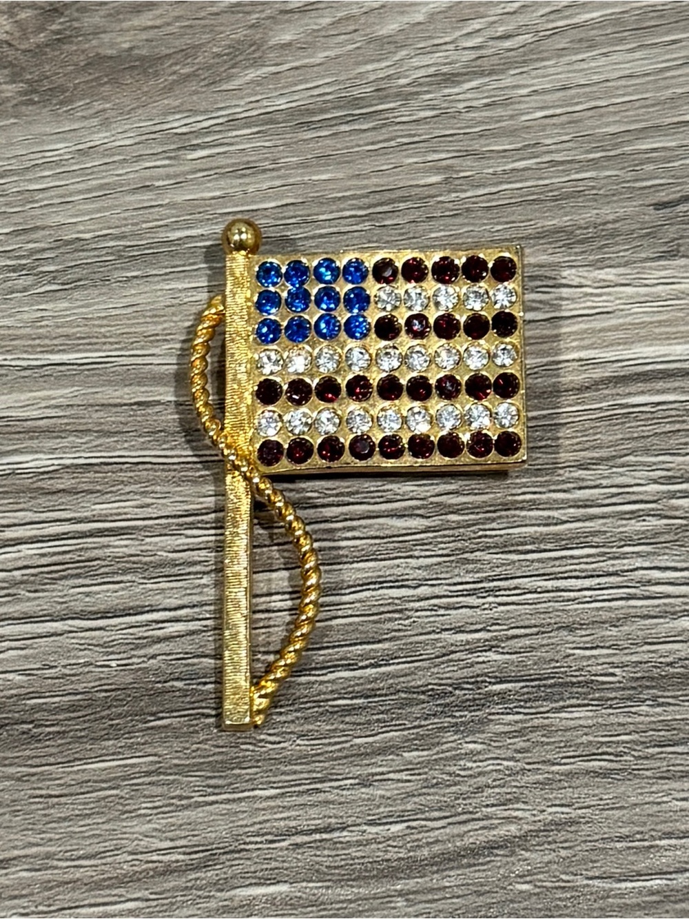 Gold American Flag Pin with Red White Blue Crystals - Like New